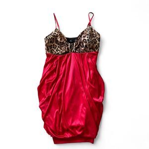 Ruby-rox Women's Red and leopard print slip dress with adjustable straps Medium